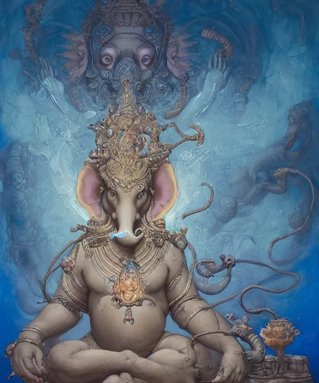 Prompt: blue ganesha with man ’ s body, glowing fiery background, in the style of peter mohrbacher, wayne barlowe, gustav moreau, bussiere, roberto ferri, santiago caruso, luis ricardo falero, austin osman spare, colorful