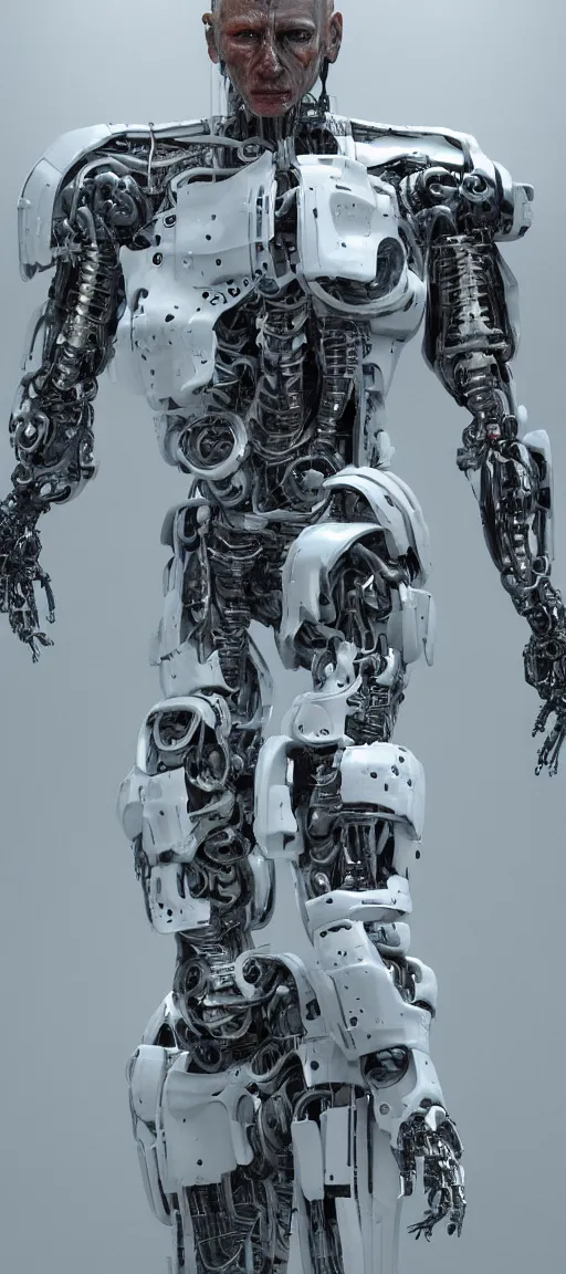 Image similar to hyperrealistic mixed media painting of a humanoid terminator in off-white, stunning 3d render + perfect body symmetry + dim volumetric lighting, 8k octane beautifully detailed render, post-processing, extremely hyperdetailed, intricate futuristic mechanic parts, epic composition, grim yet sparkling atmosphere, cinematic lighting + masterpiece, trending on artstation