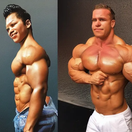 Image similar to a baby on steroids, baby face and baby body but huge muscles