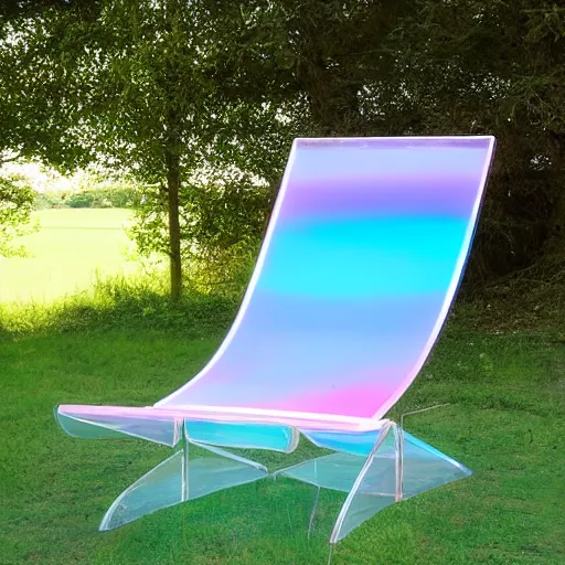 Image similar to a pastel coloured Polaroid photo of a sun lounger made of transparent iridescent perspex stood centrally in a field, beams of light, nostalgic