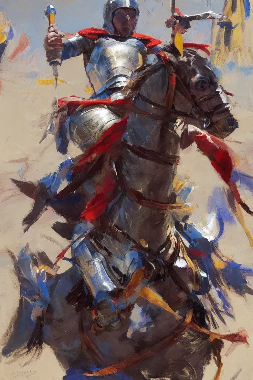 Image similar to close - up portrait of colorful rider pointing jousting lance at camera, caparisons, chainmail, by greg manchess, bernie fuchs, ruan jia, walter everett