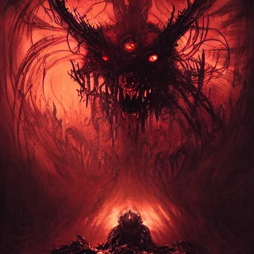 Prompt: a nightmarish mysterious demonic creature, dark and gloomy, glowing vibrant eyes of fire, translucent neon, cinematic by tsutomu nihei, by emil melmoth, gustave dore, craig mullins, yoji shinkawa, stephen gammell