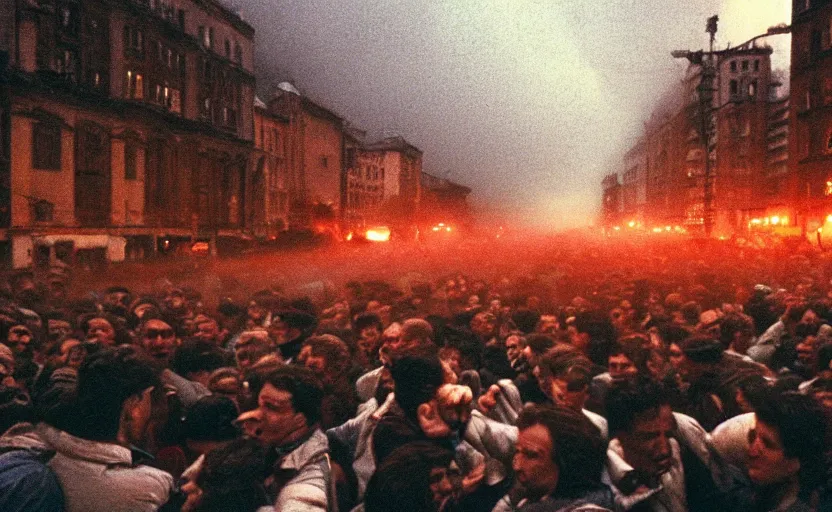 Image similar to 1990s movie still of a yougoslavian street with a large crowd fighting soviet soldiers, with stalinist style highrise, Cinestill 800t 18mm, heavy grainy picture, very detailed, high quality, 4k panoramic, HD criterion, dramatic lightning, streetlight at night, foggy