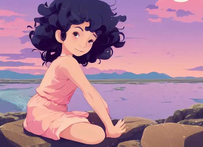 Prompt: little girl with short wavy curly light brown hair sitting on a rock. background pink and blue sunrise sky. clean cel shaded vector art. shutterstock. behance hd by lois van baarle, artgerm, helen huang, by makoto shinkai and ilya kuvshinov, rossdraws, illustration, art by ilya kuvshinov