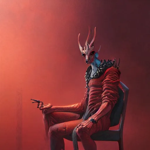 Image similar to realistic extremely detailed photo style portrait painting of a demon with smoke for a head and red burning eyes, siting in a chair, moebius, brom, ian miller, moody colors, octane render, 4k