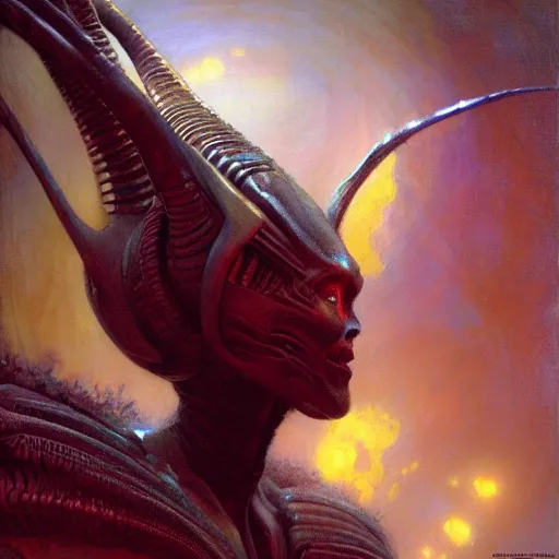 Image similar to attractive alien queen, painting by gaston bussiere, craig mullins