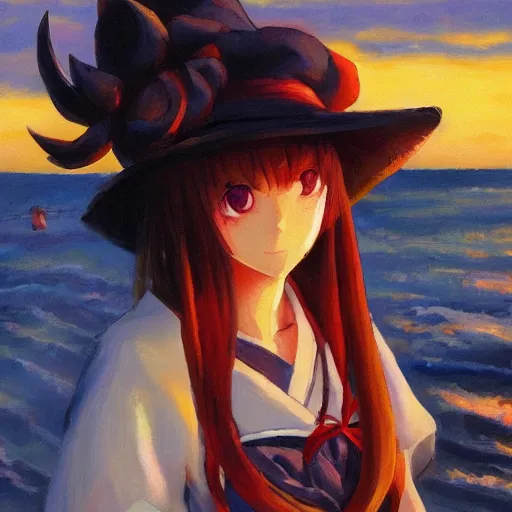 Image similar to Beautiful portrait of Kirisame Marisa at sunset on the beach, touhou project, ZUN, sold at an auction, oil on canvas, official artwork, trending on artstation, in the style of Antoine Blanchard, wide strokes