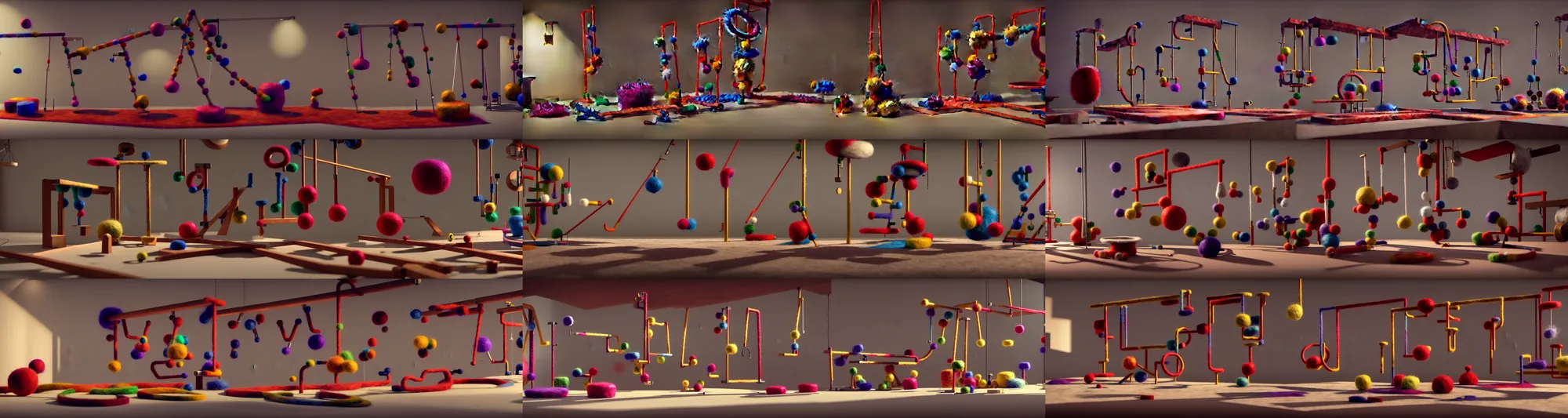 Prompt: a hyperrealistic felted rube goldberg machine made out of rube goldberg machines, rendered in octane, volumetric lighting