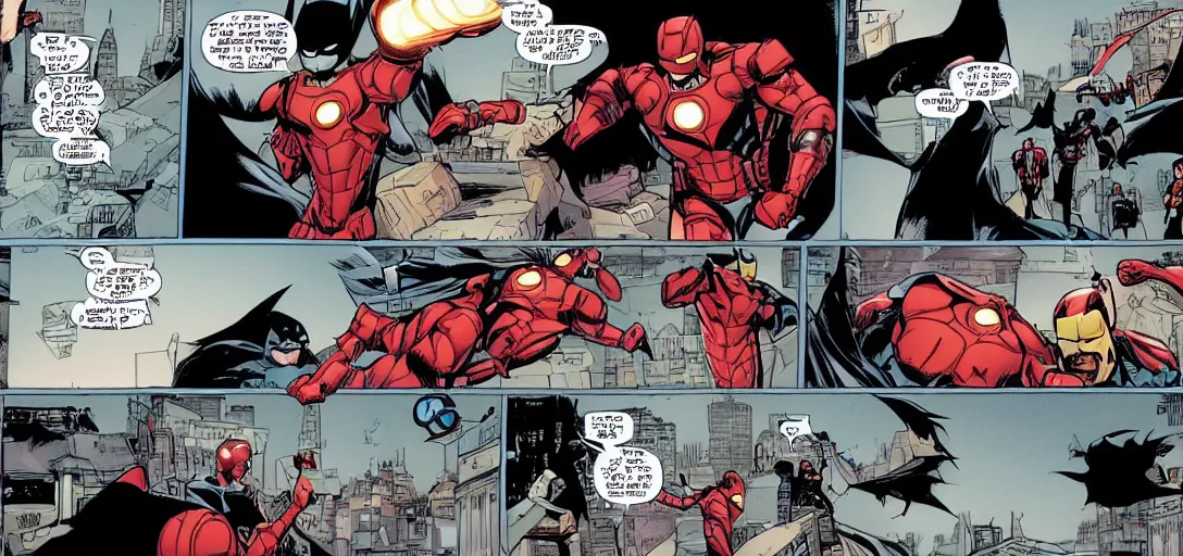 Prompt: comic panel from BATMAN: UNDER THE RED HOOD with Iron Man as Batman