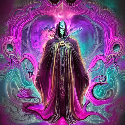 Image similar to sinister sentinel arcane iconic figure in expressive purple and turquoise color palette robe, rippled layers of magic swirls, glyphs, ultra fine detail, swirling clouds of fog, raytracing, highly detailed and intricate, golden ratio, dark gradient ink with intricate designs, hypermaximalist, elite, horror, creepy, ominous, haunting, majestic, ephemeral, cinematic, art style by cgsociety, Darius Zawadzki and Jama Jurabaev and Artsation trending