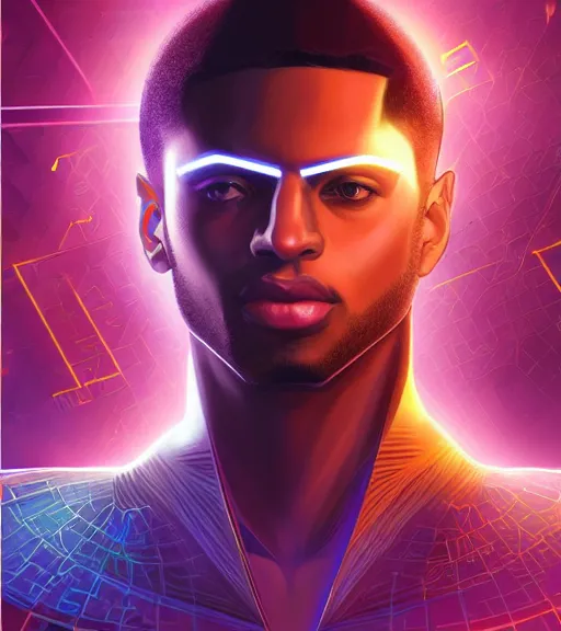 Image similar to symmetry!! egyptian prince of technology, solid cube of light, hard edges, product render retro - futuristic poster scifi, lasers and neon circuits, brown skin man egyptian prince, intricate, elegant, highly detailed, digital painting, artstation, concept art, smooth, sharp focus, illustration, dreamlike, art by artgerm