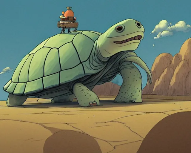 Prompt: a study of a cell shaded cartoon giant turtle from howl's moving castle ( 2 0 0 4 ), on a desert road, illustration, wide shot, subtle colors, post grunge, concept art by josan gonzales and wlop, by james jean, victo ngai, highly detailed, sharp focus, trending on artstation, hq, deviantart, art by artgem