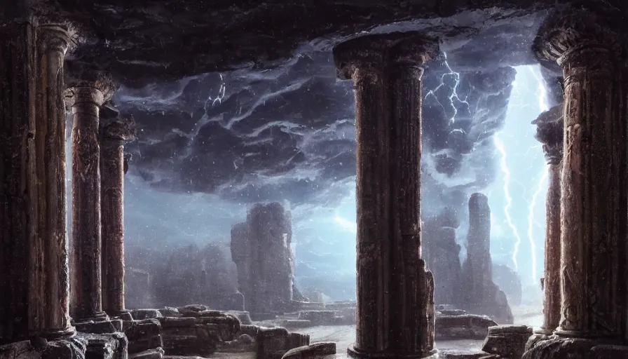 Image similar to Inside ancient alien temple, crumbling stone columns, refracted sparkles, thunderstorm, dark still pool, major arcana sky and sci-fi alien symbology, by paul delaroche, hyperrealistic 4k uhd, award-winning, very detailed cyberpunk