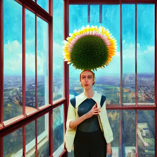 Prompt: giant daisy flower head, a woman in a suit, standing next to modern window in luxury loft, surreal photography, sunlight, impressionist painting, digital painting, artstation, simon stalenhag