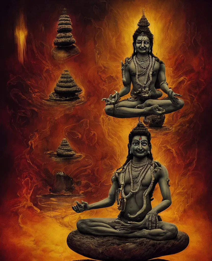 Prompt: One many-armed Shiva sitting in the lotus position. Nuclear mushroom cloud on the background. Dark colors, high detail, hyperrealism, horror art, masterpiece, close-up, zoom, concept art, octane render, biopunk, body-horror, ceremonial portrait, solo, macrophoto, art