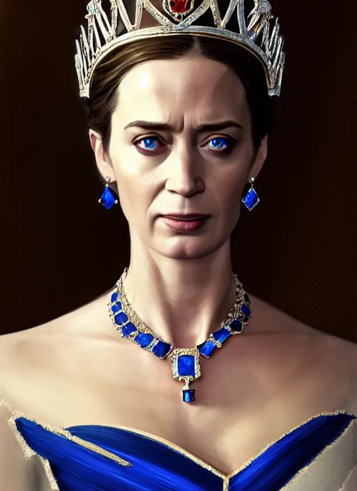 Image similar to portrait of emily blunt as queen, jewelry, greek, sapphire, victorian age, 1 8 9 0, intricate, headshot, key visual, conceptart, ambient lighting, highly detailed, digital painting, artstation, concept art, sharp focus, by makoto shinkai and akihiko yoshida and greg manchess