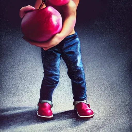 Image similar to close - up of a tiny boy standing on a plate and carrying a beachball - sized cherry in his arms, ultra realistic, highly detailed, sharp focus, cinematic lighting, mood lighting, realistic, vivid colors, photorealistic, digital art