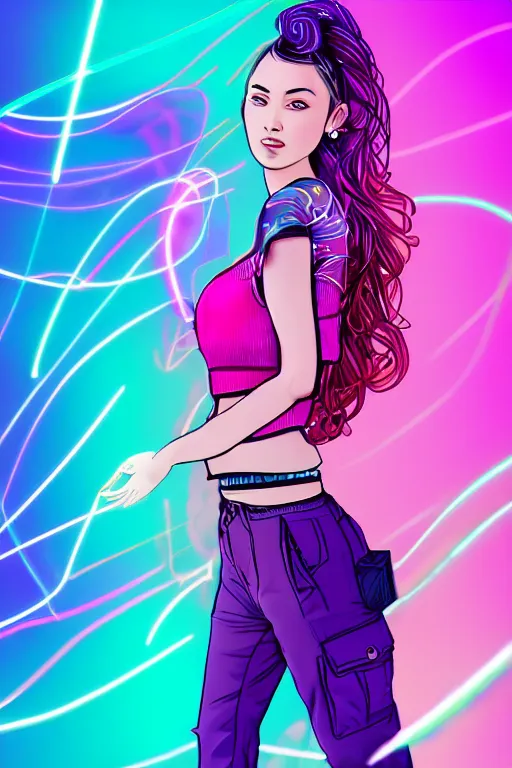 Image similar to a award winning half body portrait of a beautiful woman in a croptop and cargo pants with ombre purple pink teal hairstyle and hands in pockets by ari liloan, surrounded by whirling illuminated lines, outrun, vaporware, shaded flat illustration, digital art, trending on artstation, highly detailed, fine detail, intricate