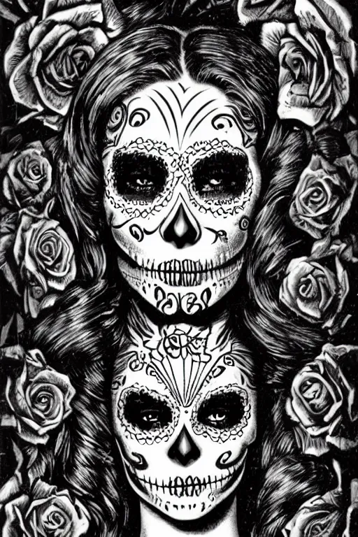 Image similar to Illustration of a sugar skull day of the dead girl, art by virgil finlay