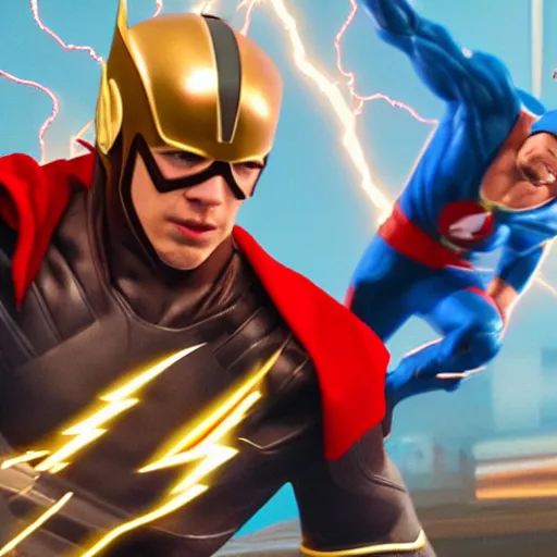 Image similar to Flash vs Thor, very detailed, 16k render, ultra realism