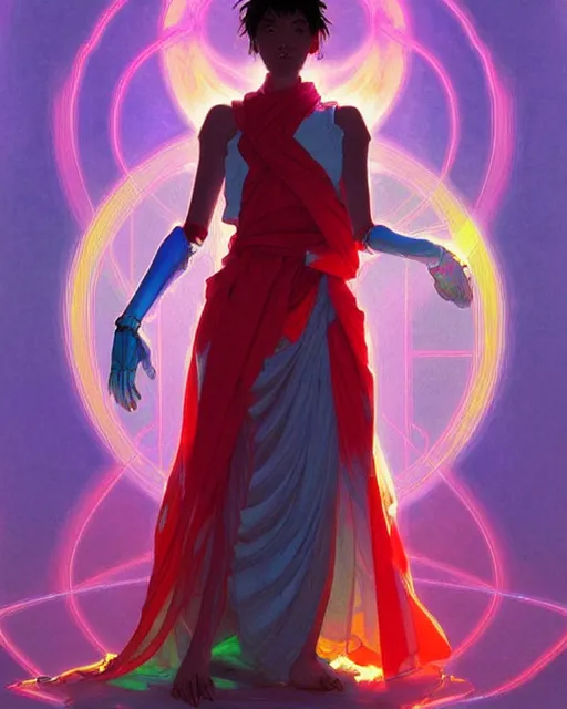 Image similar to a robot monk wearing a flowing cloak, vaporwave aesthetic, colorful, psychedelic, digital painting, artstation, concept art, smooth, sharp focus, illustration, art by artgerm and greg rutkowski and alphonse mucha