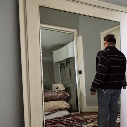 Prompt: a man walks out of his bedroom mirror