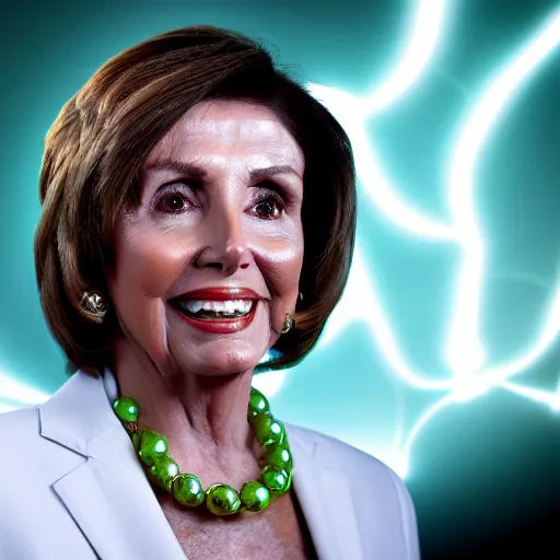 Image similar to photograph of nancy pelosi with smooth fair skin, green jewelry, breathtaking, elegant, ornate, intricate, hyper detailed, accent lighting, dramatic light, 4 k octane render