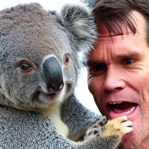 Prompt: Jim Carrey rescuing a koala bear