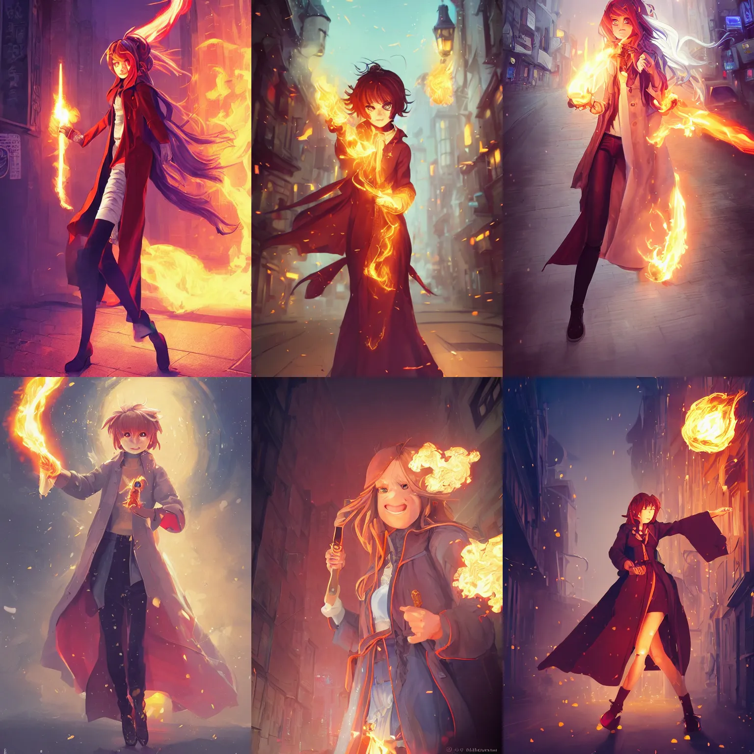 Prompt: a portrait of a cute female wizard wearing a flowing very stylish trenchcoat, grasping a fireball and a sword in her hands, fireball lighting her face, embers flying, urban fantasy setting, narrow street, vivid colors, warm lighting, atmospheric, cinematic, moody, in the style of Ilya Kuvshinov and Range Murata, Krenz Cushart, rule of thirds, oil on canvas, 8k