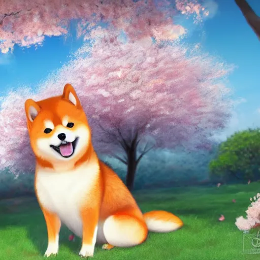 Image similar to a cute fluffy shiba inu plays under the cherry blossom tree, highly detailed, digital painting, artstation, concept art, movie still, smooth, sharp focus uhd 8 k