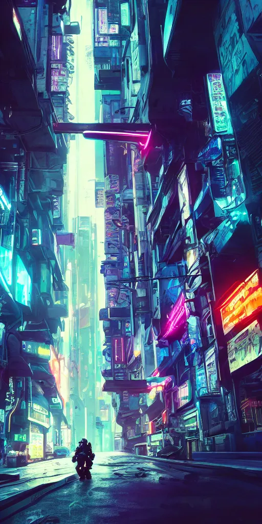 Image similar to professional photo of astronaut on cyberpunk street from low angle shot, synthwave, blade runner, hyperrealistic masterpiece, trending on artstation, cgsociety, kodakchrome, golden ratio, cinematic, composition, beautiful lighting, hyper detailed, sharp focus, octane render, 4 k, unreal engine