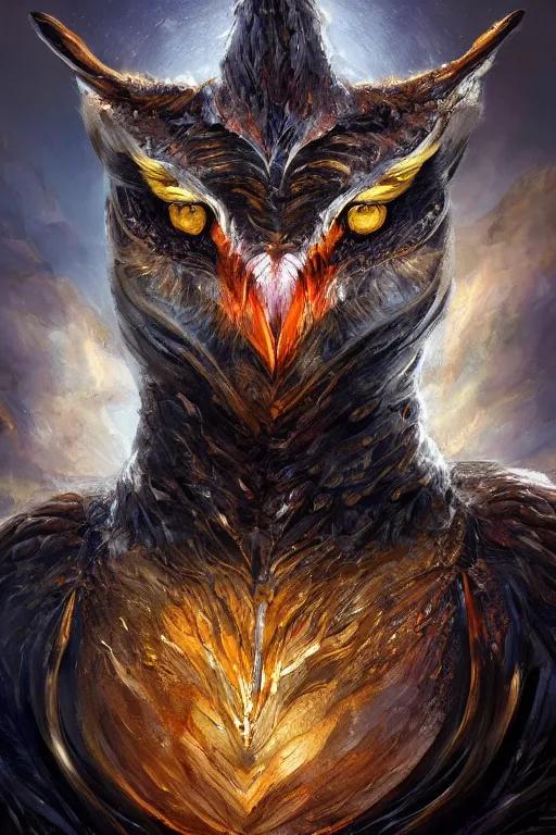 Prompt: fantasy creature concept portrait, digital painting, wallpaper of an owl, obsidian skin, with veins of magma and gold, renaissance nimbus overhead, by aleksi briclot, by laura zalenga, by alexander holllow fedosav, 8 k dop dof hdr, vibrant