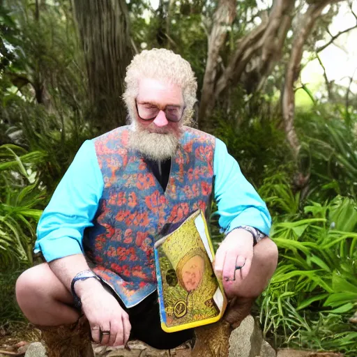 Prompt: Aussie opal hunter Greg The Bishop sat on the dunny reading Shakespeare