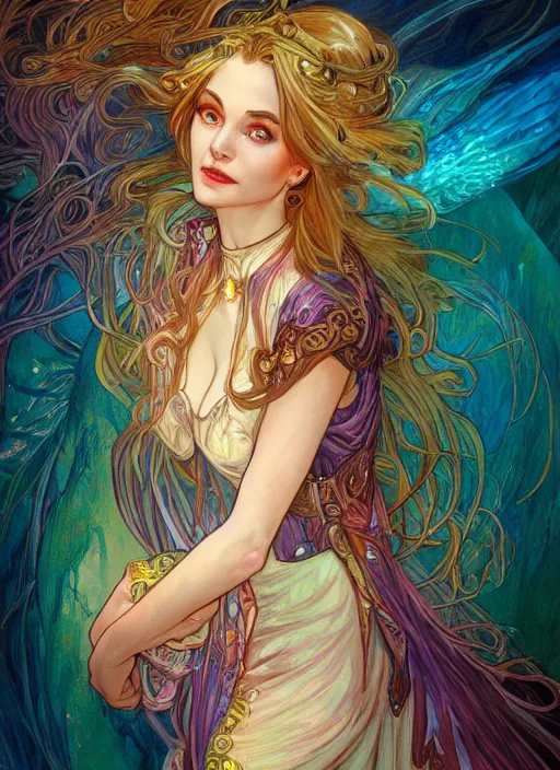 Prompt: Lightning Sorceress, ambient lighting, 4k, josephine wall, alphonse mucha, lois van baarle, ilya kuvshinov, rossdraws, artstation