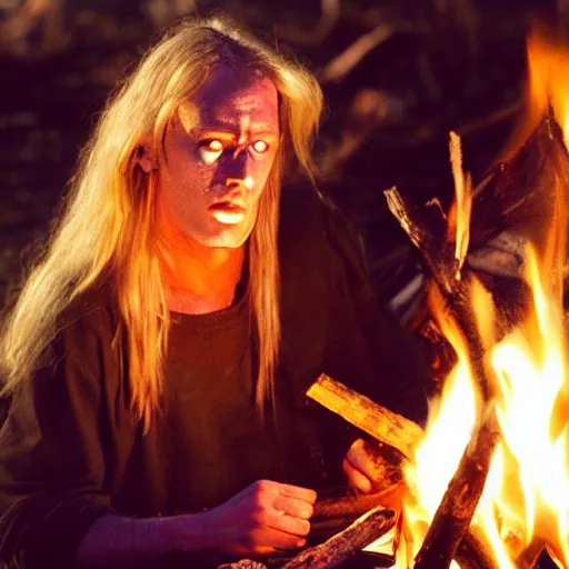 Image similar to photo of hillbilly with long blonde hair around a bonfire, symmetric face