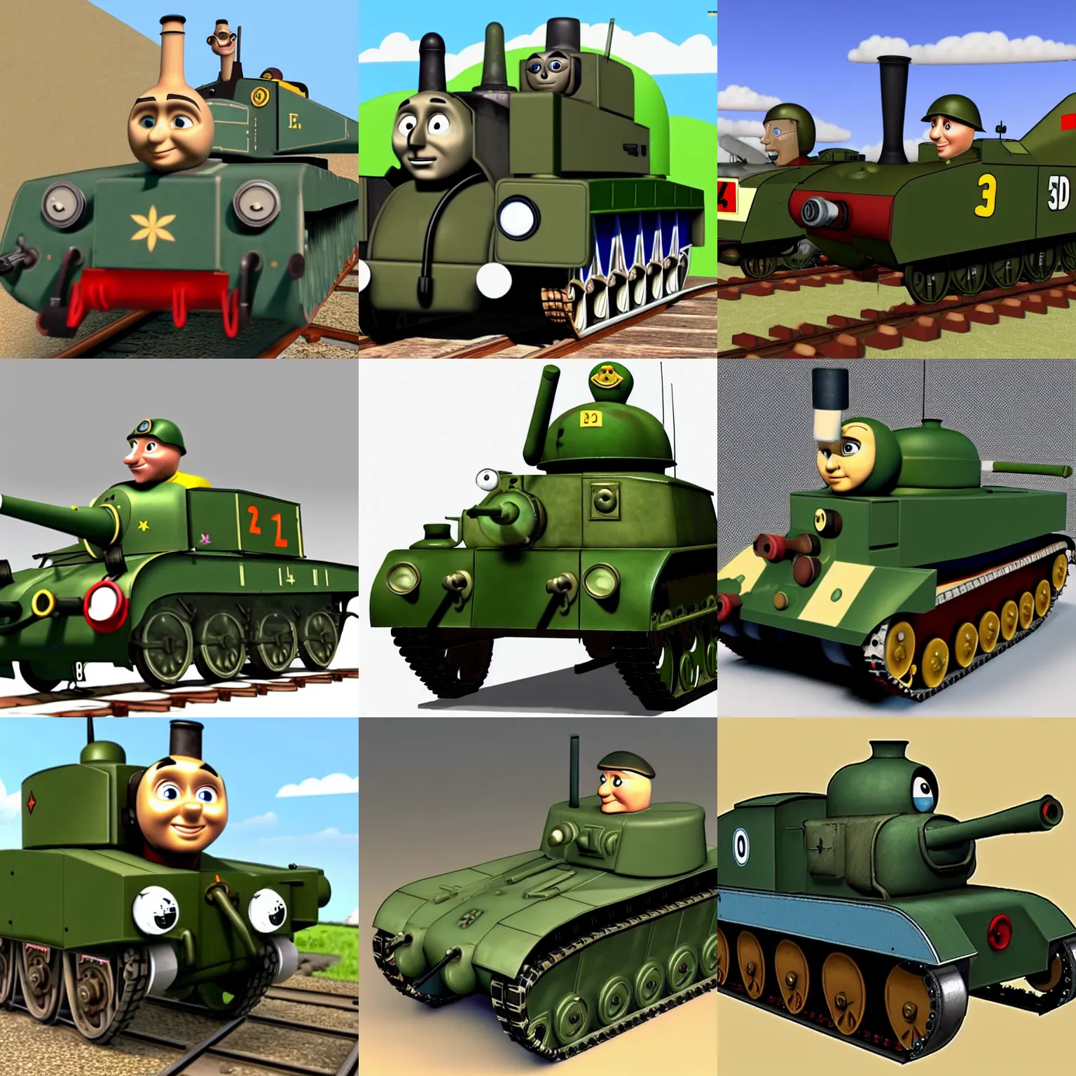 Prompt: a panzer world war ii tank anthropomorphised with a face, by wilbert awdry in the art style of thomas the tank engine, 3 d cartoon animation