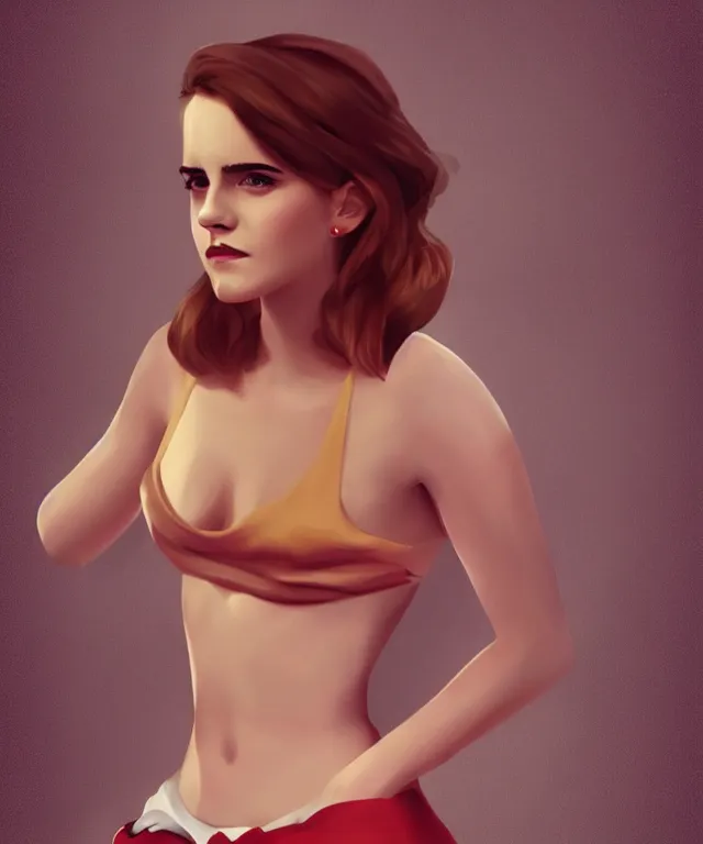 Image similar to emma watson pinup style full body portrait, pinup pose, standing up, elegant, digital painting, trends on artstation, concept art