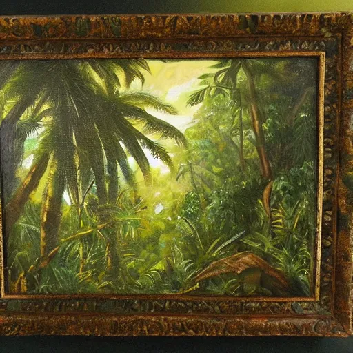 Prompt: an oil painting of a treasure lost in a lush rainforest