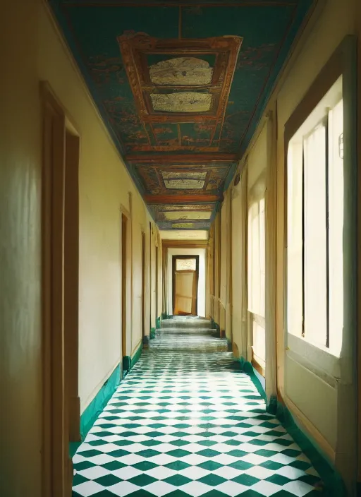 Prompt: photograph of a hallway in the style of Wes Anderson, architecture magazine, dezeen, 50mm, pentax, film