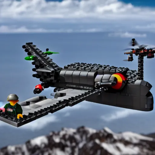 Image similar to a military drone made of legos, realistic photography, high detailed