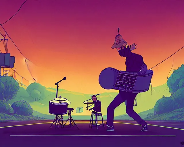 Image similar to a study of cell shaded cartoon of a two man band playing a microKorg synthesizer and drums floating above a country road, street lamps, road, illustration, wide shot, subtle colors, post grunge, concept art by josan gonzales and wlop, by james jean, Victo ngai, David Rubín, Mike Mignola, Laurie Greasley, highly detailed, sharp focus, Trending on Artstation, HQ, deviantart, art by artgem