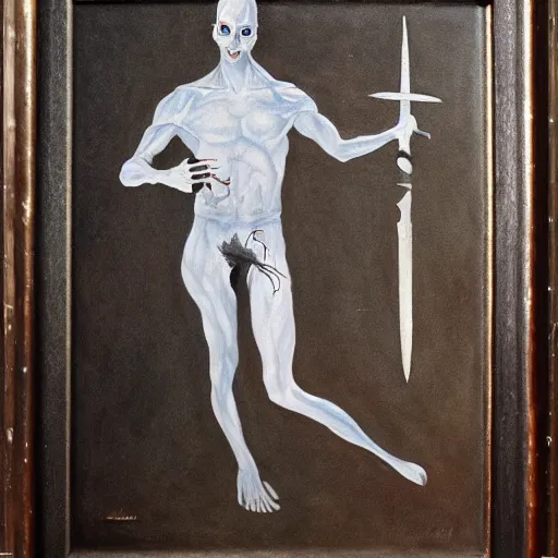 Prompt: fantasy painting of a pale man with a black blade covered in runes, painted by Robert Gould, ultra detailed, 8k