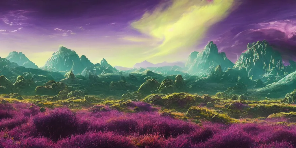 Prompt: an alien landscape, looming surreal mountains in background, purple foliage, a large eldritch monster roaming in the distance, green sky, red grass, cinematic lighting, detailed oil painting, 8k