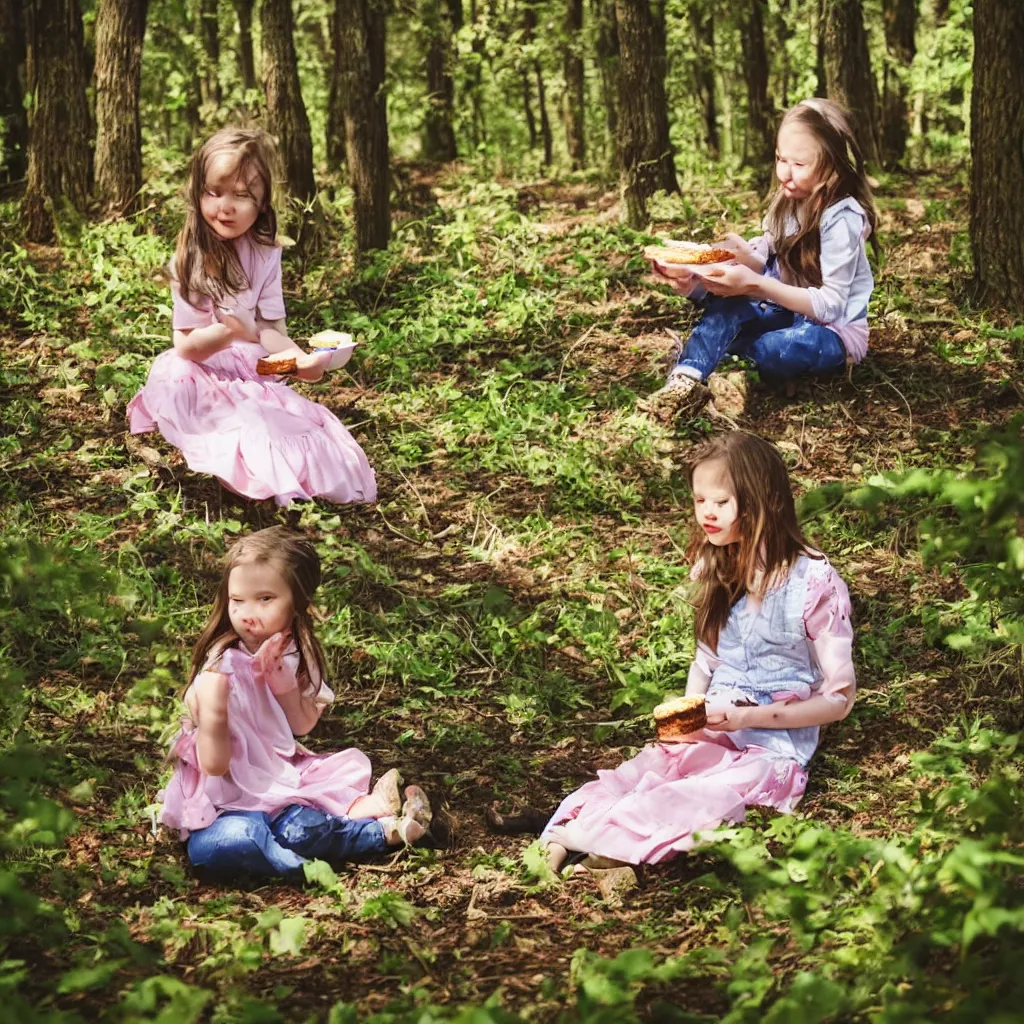 Image similar to a girl sitting in a forest, girl eating a piece of cake, sunny day, windy day