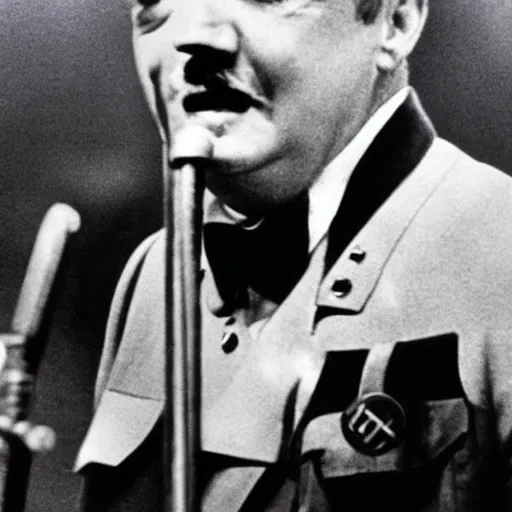 Prompt: A still of Hitler performing in a 1970s funk band, colour photography