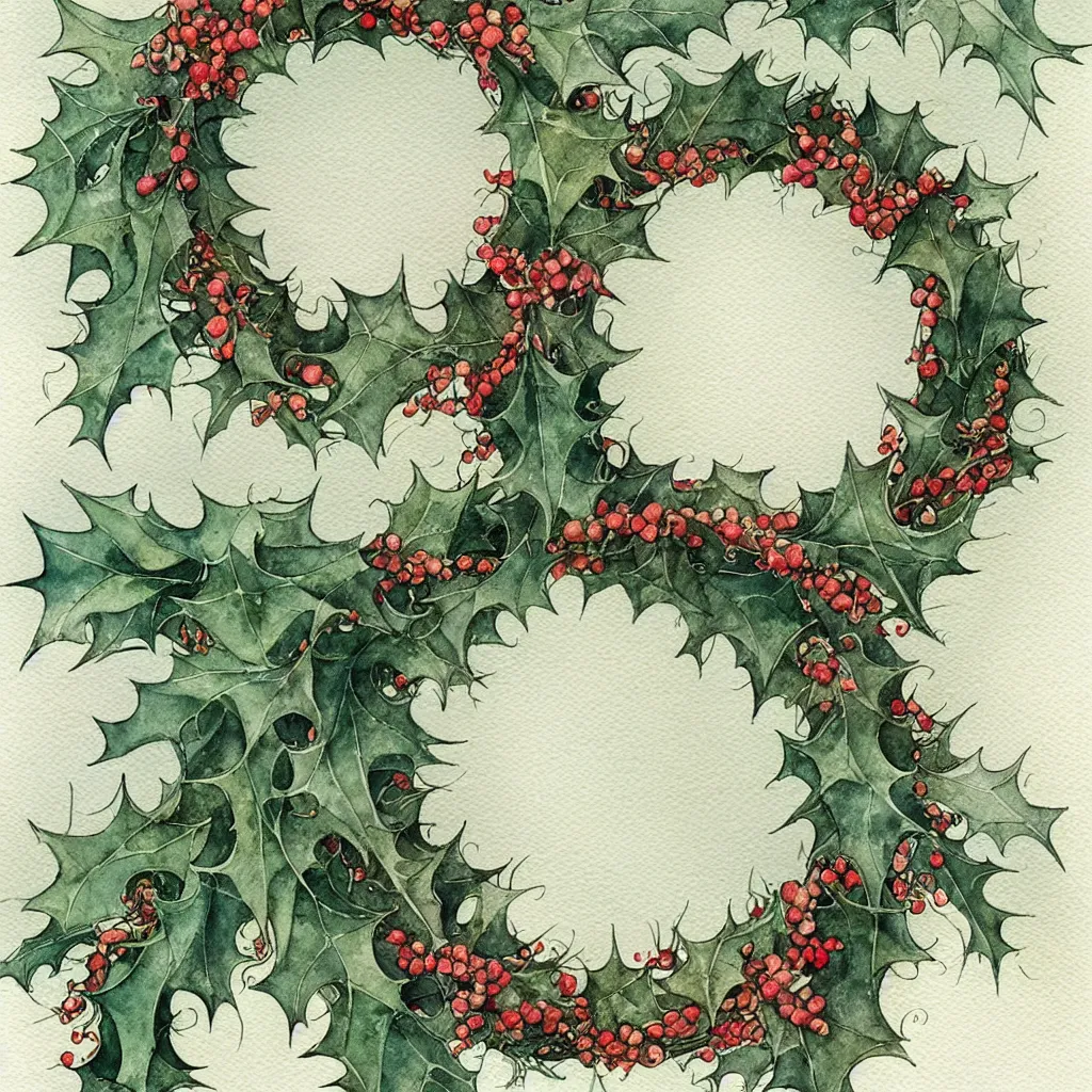 Image similar to realistic watercolor painting of one wreath of holly centered on a white background, detailed art by kay nielsen and walter crane, illustration style, watercolor