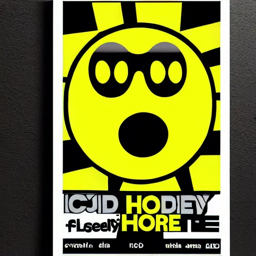 Image similar to acid house rave flyer, poster, smiley face, florescent yellow and black