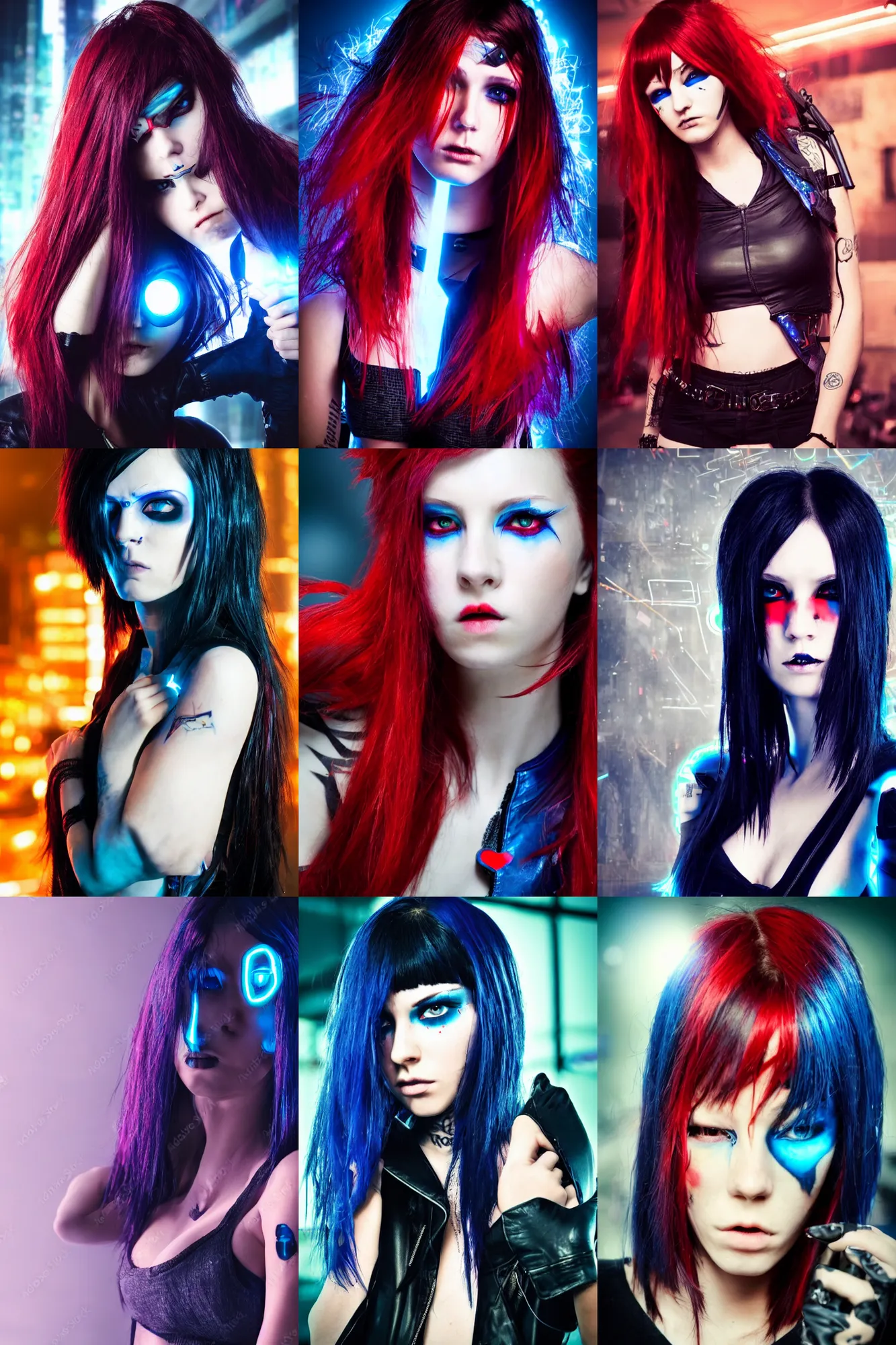 Prompt: cyberpunk emo girl, sexy brunette, blue glowing eyes, prominent cheekbones, red hair