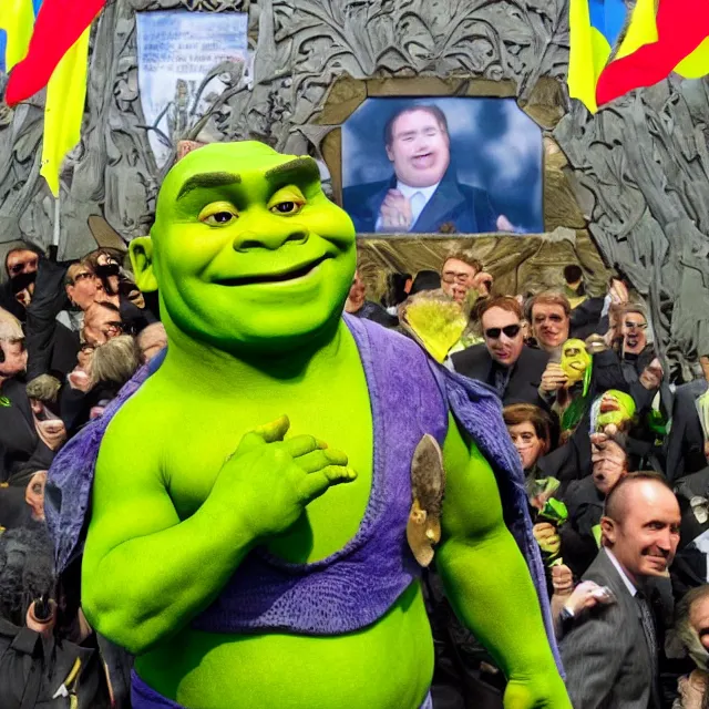 Prompt: shrek as president of ukraine