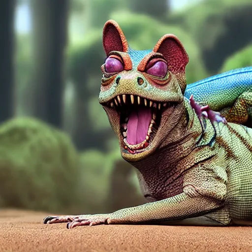 Prompt: a hybrid dog and lizard creature art direction by James Cameron ; cinematic quality character render; low angle; ultra high quality model; production quality cinema model;